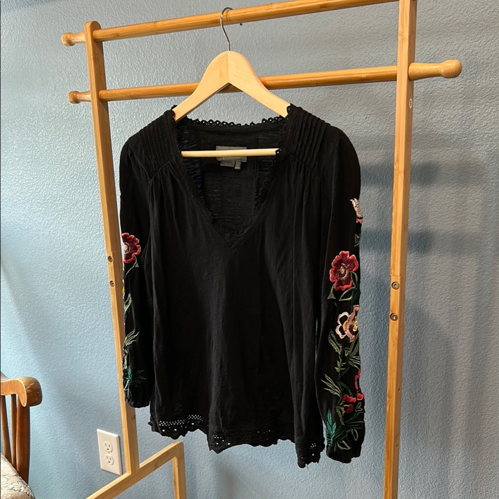 Anthropologie Black V-Neck Blouse with Embroidered Sleeves SMALL